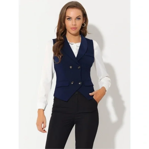 Women's Lapel Collar Dressy Versatile Racerback Waistcoat Suit Vest Dark Blue L - Picture 2 of 5